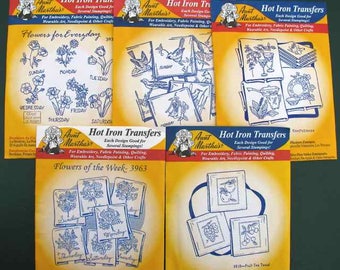 5 Aunt Martha’s Hot Iron Transfers Towel Designs Days of Week Most are New, Sealed