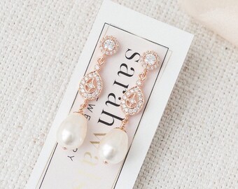 Bridal Earrings Rose Gold, Pearl Wedding Earrings Rose Gold, Pearl Rose Gold Drop Earrings