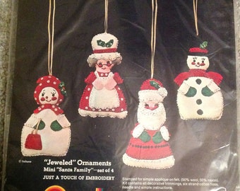 Vintage--Sultana--Jeweled Christmas Ornaments Kit--Mini Santa Family--Set Of 4--Sealed Kit