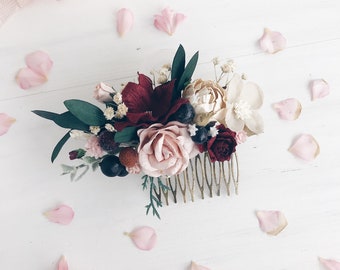 Burgundy Hair comb, Deep red Bridal hair comb, Wedding hair comb, Bridal flower headpiece, Wedding headpiece, Winter wedding