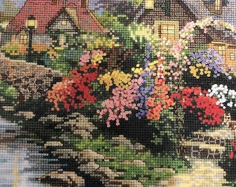 SUMMERSALE Vintage 1998 Thomas Kinkade, Painter of Light, Lamplight Bridge, Designed for, Counted Cross Stitch, or Needlepoint, Candamar Des