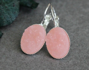 Pink Drop Earrings, Light Pink Earrings, Pink Dangle Earrings, Pink Chandelier Earrings, Light Pink Druzy Earrings, Pink Lever Back Earrings