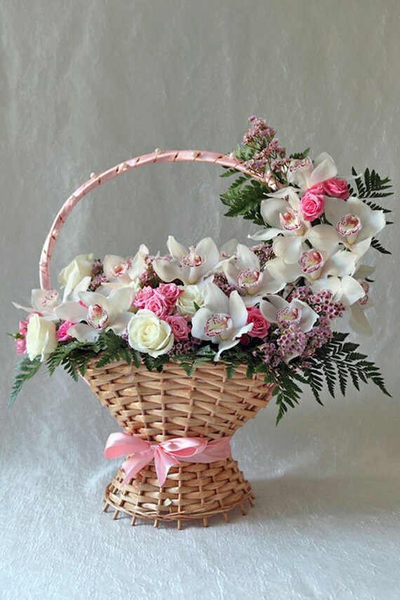 orchid and roses flower basket anniversary gift home decor