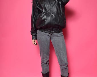 Vintage 90's Real Leather Bomber Jacket / Black Genuine Leather Jacket / Black Real Leather Zipper Jacket - Size Large