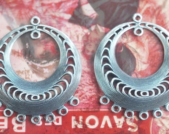 TWO Decorated brass gypsy hoops with 7 bottom holes, Boho earring pendants, Sterling Silver Ox