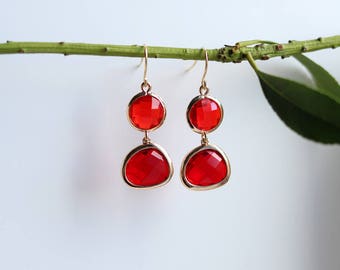 Garnet Earrings - Gold Dangle Earrings - Stone Earrings - Drop Earrings - Red Birthstone Earrings - Red Jewellery - Red Garnet Jewellery