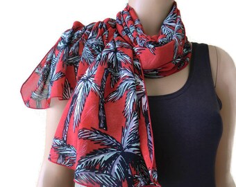 Red black white,Palm trees Long chiffon scarf Parisian Neck Tissu-Very pretty