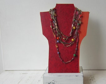 SALE One Petite Necklace Bust Reversible - Red & Orange / Cream - Recycled Book Necklace Jewelry Display