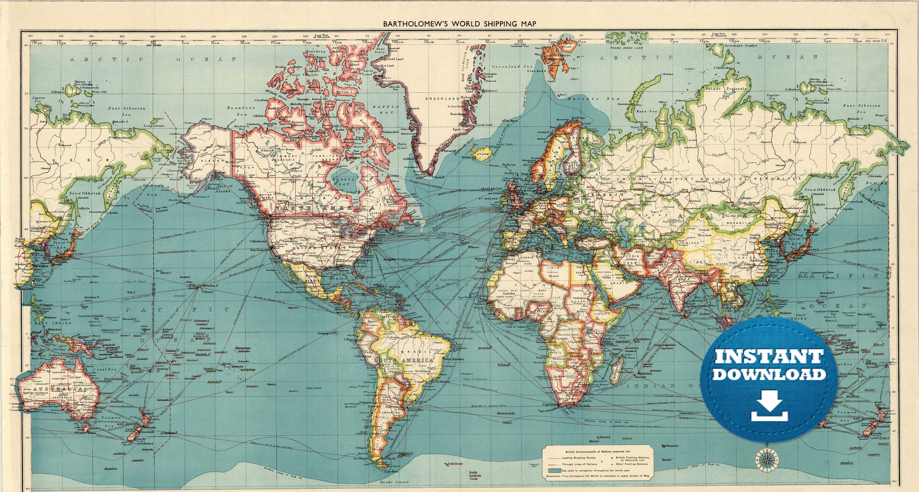 Digital Old World Map Printable Download. Vintage World Map.