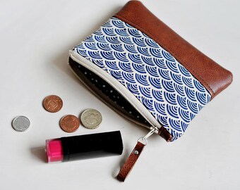 Blue Coin Purse Leather Purse Card Holder Leather Coin Pouch Change Purse Gift for Her Womens Wallet Travel Pouch Zipper Pouch Japanese Navy