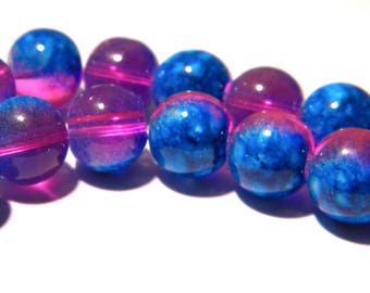 20 glass beads 10 mm - translucent 2 tones-turquoise-pink glass - F194 1 bead