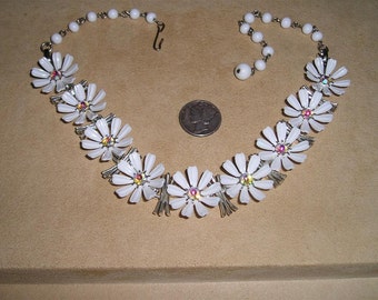 Vintage Daisy Chain Necklace White Celluloid Iridescent Crystal Rhinestones 1960's Jewelry 2237