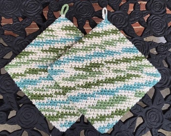 Crochet Hot Pads, Crochet Pot Holders, Thick Pot Holders, Kitchen Gift, Teal Green Off White, Handmade, Housewarming, Trivets, Bridal Shower