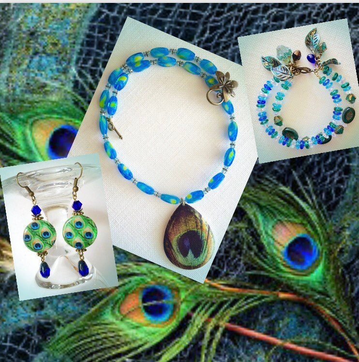 Peacock Blue & Green Jewelry Set Peacock Necklace Czech