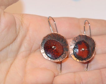 Red poppy earrings Copper enamel earrings Red enamel earrings Dangle poppy earrings Red copper earrings Red earrings Long dangle earrings