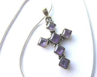 STERLING AMETHYST Cross, 925 Sterling Silver Amethyst Cross Pendant, Feminine Gemstone Vintage Cross , Amethyst Necklace, Christian Gift