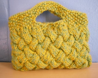 Hand Knitted Clutch, Small Green and Yellow Handbag