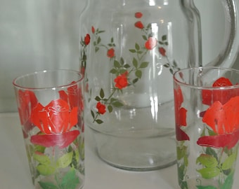 Vintage Lemonade Iced Tea Pitcher Glasses Rose Design