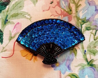 Unique Vintage Cobalt Blue Sequinned Fan Design Hair Clip Barrette