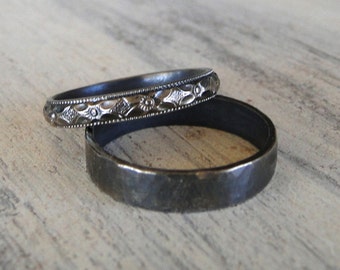 Sterling Silver Rings - His and Hers Wedding Rings - Black Diamond Patterned Ring Band and Hammered Sterling Silver Ring Band