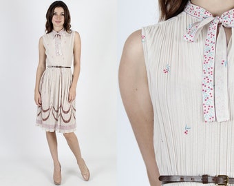 Party Dress Cherry Print 70s Dress Cocktail Dress Sheer Dress Bow Tie Dress Vintage 70s Cream Floral Boho Secretary Hippie Mini Dress S