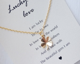 Four Leaf Clover Necklace, gold four leaf clover necklace, clover necklace, lucky necklace, shamrock, good luck gifts