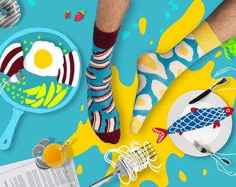 Brekker Socks, Mismatched Socks, Colorful socks for women and men, Bacon Socks, Egg Socks, Patterned men socks, Women Socks,
