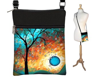 MadArt Sling Bag Shoulder Purse Cross Body Bag Small Travel Purse Zipper Fits eReaders Aqua Burn RTS