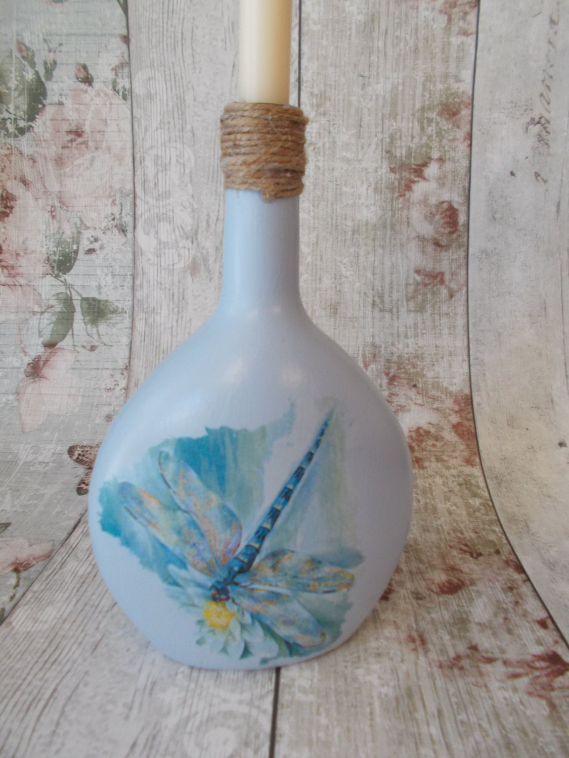 Blue Dragonfly Bottle Shabby Vintage Rustic Decorative
