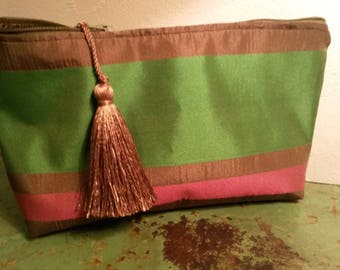 Pink khaki Green striped fabric bag