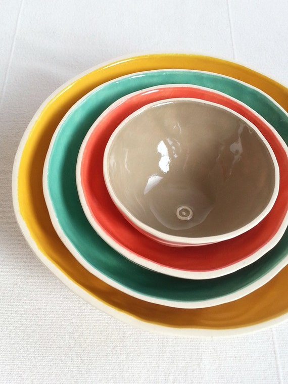Ceramic bowls. Set of 4 bowls. Serving dishes bright colorful