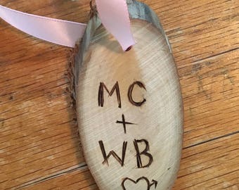 Custom Wooden Favor Featuring Wood Burned Initials