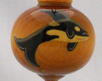 Orca Whale Christmas Ornament, Hand Painted Solid Wood Ornament, WBO-07