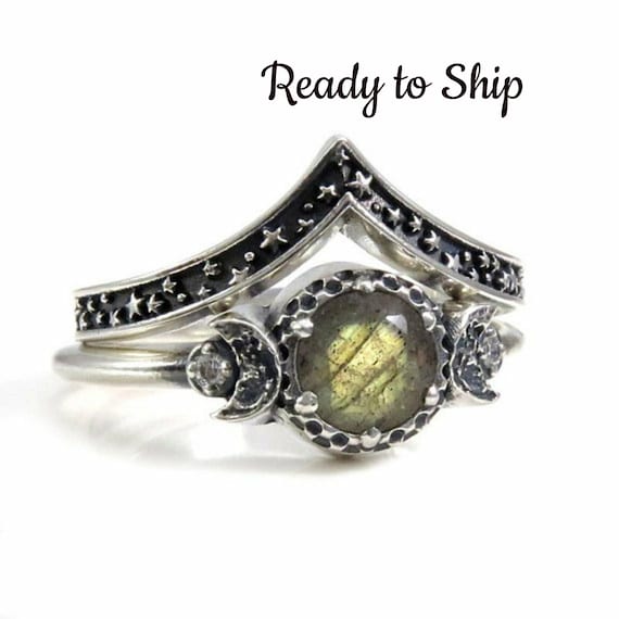 Ready to Ship Size 6 - 8 - Labradorite and Diamond Moon and Stars Sterling Silver Engagement Moon Ring Set