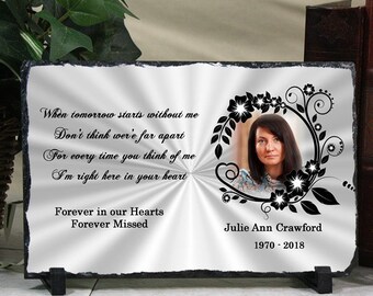 Personalized Memorial Stone Plaque Photo Keepsake Remembrance Stone Plaque Floral Frame Slate Any Poem