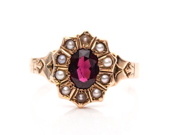 1 carat garnet and seed pearl Victorian 1890s Antique Gold Halo Ring, VJ #1089