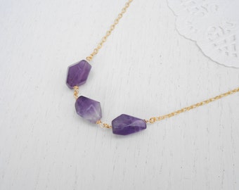 Chunky gemstone necklace, Gold amethyst necklace, February birthstone