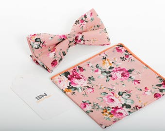 Bow Tie, Pocket Square, Floral Pre-Tied Bow tie, Groomsmen Wedding Bow Tie , Wedding Floral Bow Tie, Men Bow Tie, Pocket Square