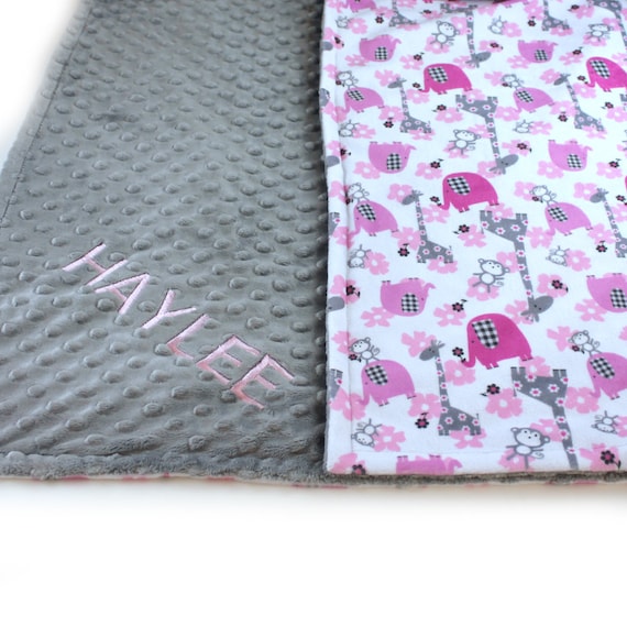 Elephant Personalized Minky Baby Blanket Girl, Animal Baby Blanket Gray Pink Minky Baby Blanket, Baby Shower Gift, Receiving Blanket