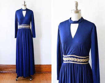 70s maxi dress, vintage 1970s disco dress, navy blue and gold gown, keyhole long sleeve metallic dress, small s