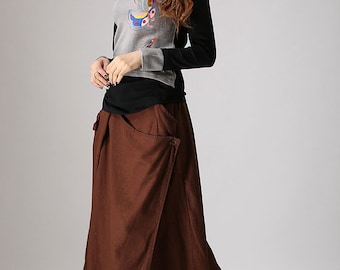 Brown Skirt, Linen skirt, Maxi skirt ,custom made skirt ,A-line Skirt ,Pleated Skirt,designer clothing,Ladies clothing,Linen clothing (858)
