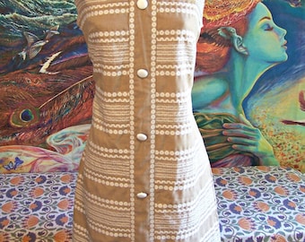 RARE SIZE, 60s, Dress, Ethnic, sleeveless, Tan, Modern, Shift, XL