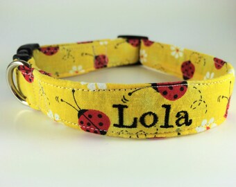 Personalized Dog Collar - Yellow With Red Ladybugs and White Daisies - Handmade - Monogrammed