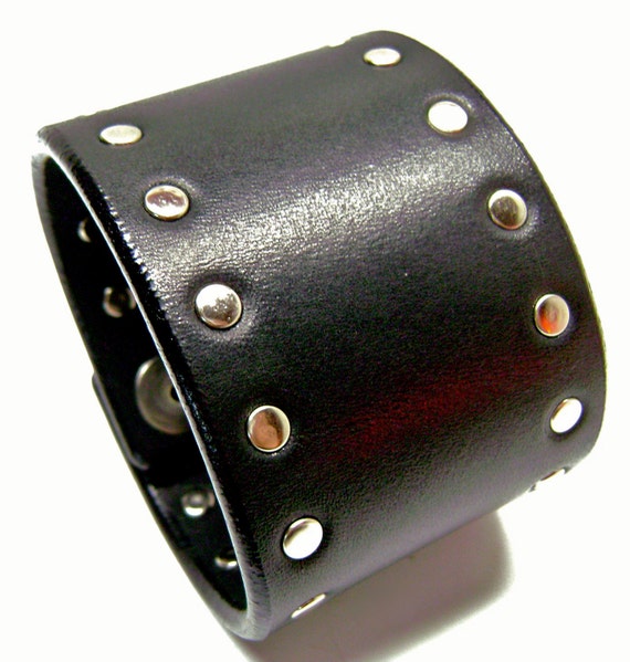 Black leather cuff 2 inch wide studded American bridle Bracelet wristband handmade for YOU in USA by Freddie Matara