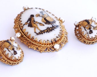 West Germany Victorian Cameo Brooch Earring Set