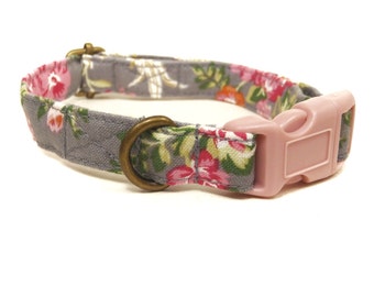 Danish Rose - Gray Dark Pink Light Pink Orange Gold Vintage Floral Shabby Chic Organic Cotton CAT Collar - All Antique Metal Hardware