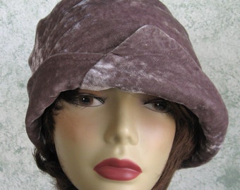 Womens Flapper Hat Split Brimmed Cloche In Smokey Taupe Velveteen With Side Gathers And Button Trim Chemo Hair Loss Hat Head Size 21-23 Inch