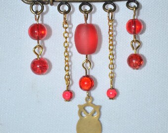OWL brooch /hibou red and gold