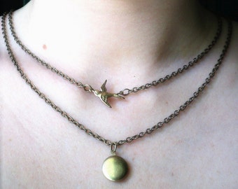 Sparrow Bird and Brass Locket. Fleeting Moments - Double Strand Necklace