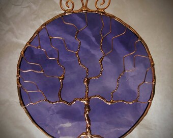Tree of Life Stained Glass Ornament and Suncatcher Purple Iridescent Glass and Copper Patina